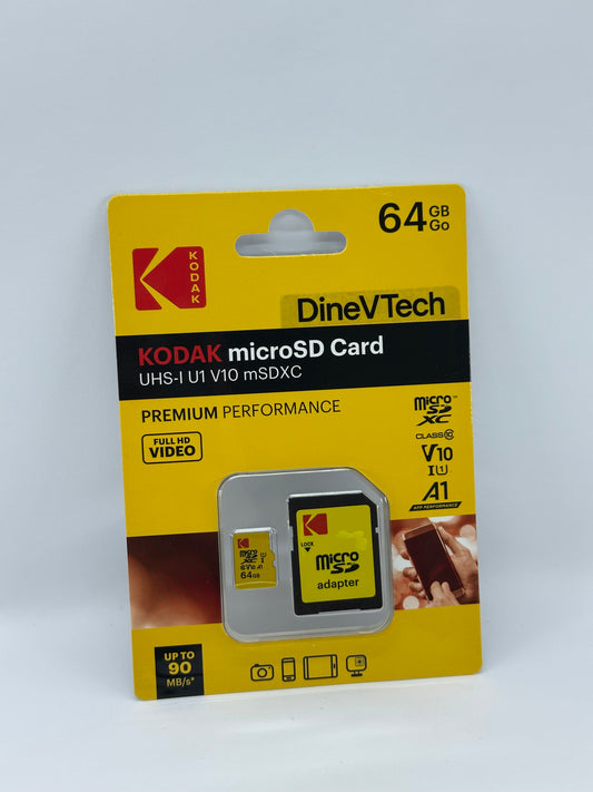 KODAK microSD 64GB карта с адаптер – Class 10, UHS-I, V10, A1 – до 90MB/s (DineVTech)