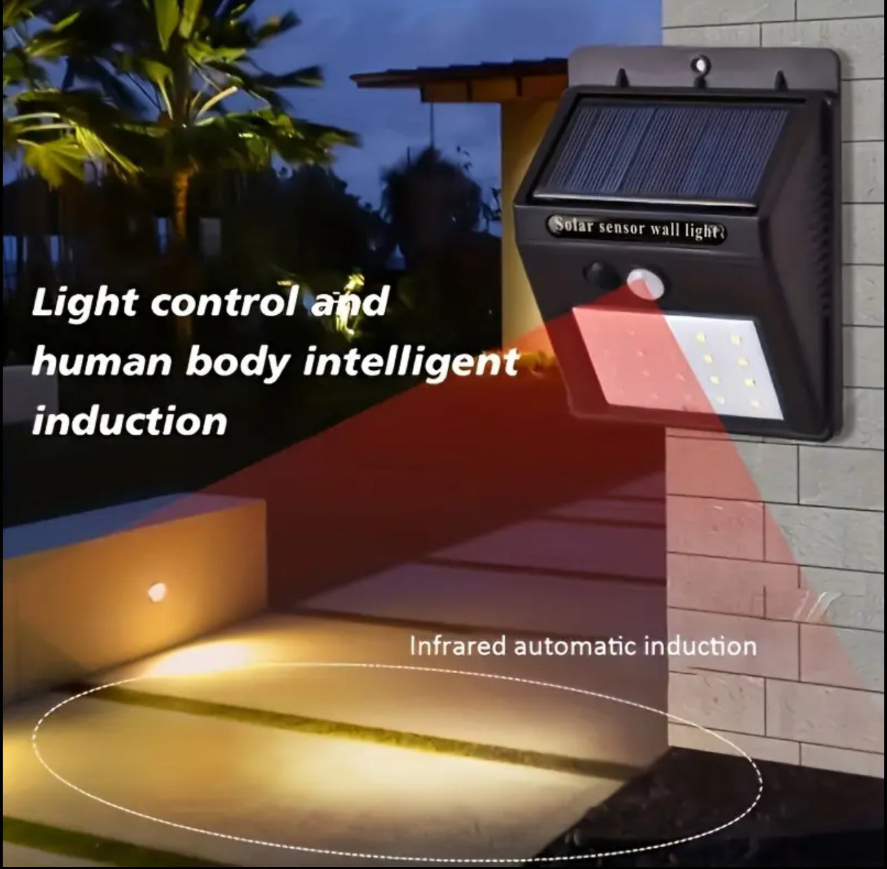 Комплект от 4 соларни LED лампи със сензор за движение – външно осветление за стена, двор и фасада